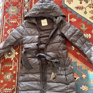 Moncler dark grey silver long Puffer Coat with Belt
